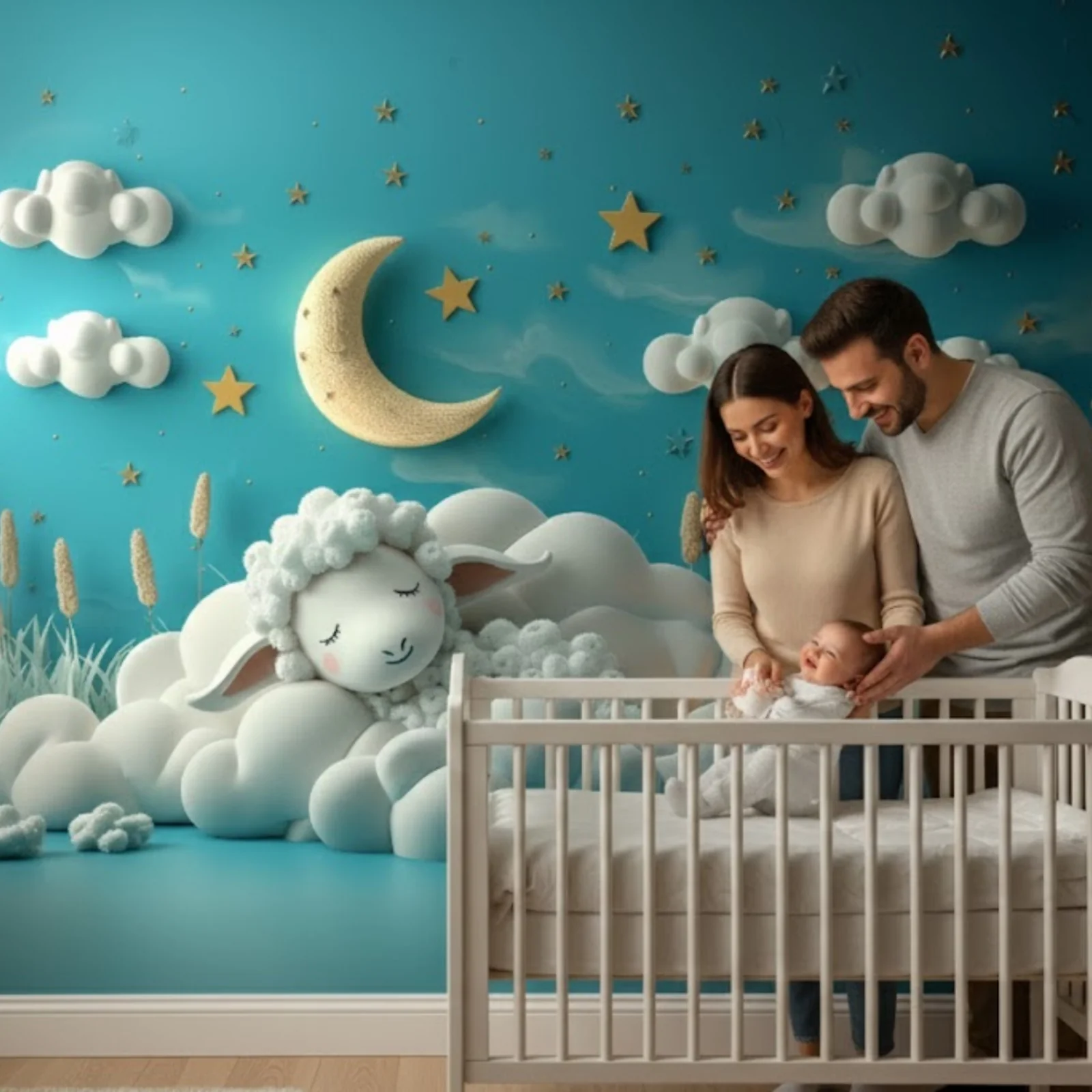 Bulut Üstünde Uyuyan Kuzu Bebek Odası Duvar Kağıdı (Çocuk Odası)